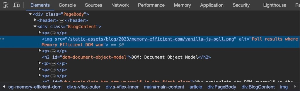 Elements panel in chrome dev tools