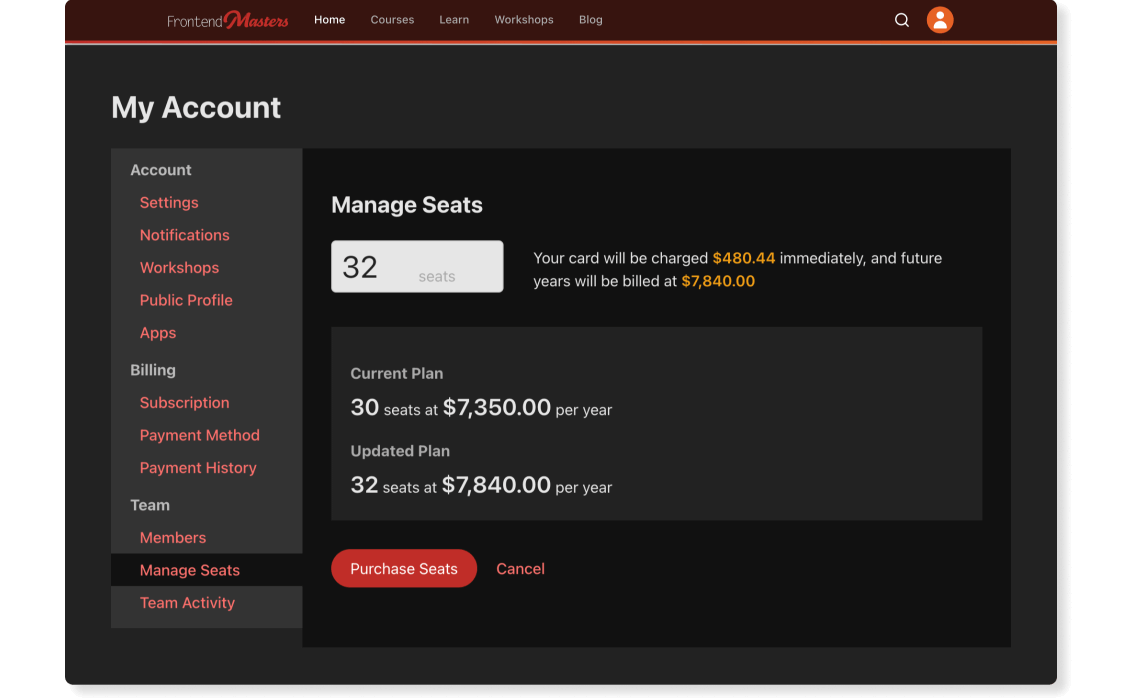 Frontend Masters team seat management